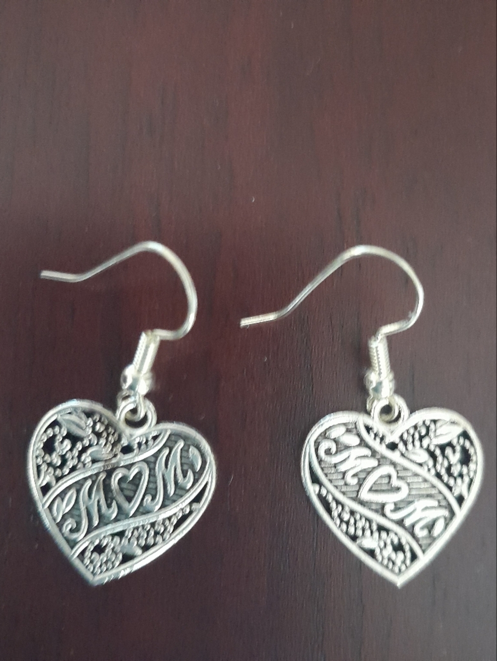 Silver Mom Heart Dangle Earrings - Filigree Love Design